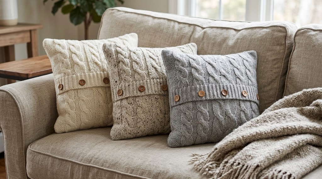 Martha Stewart winter decor: cable knit pillow covers made from old sweaters with wooden buttons on a sofa