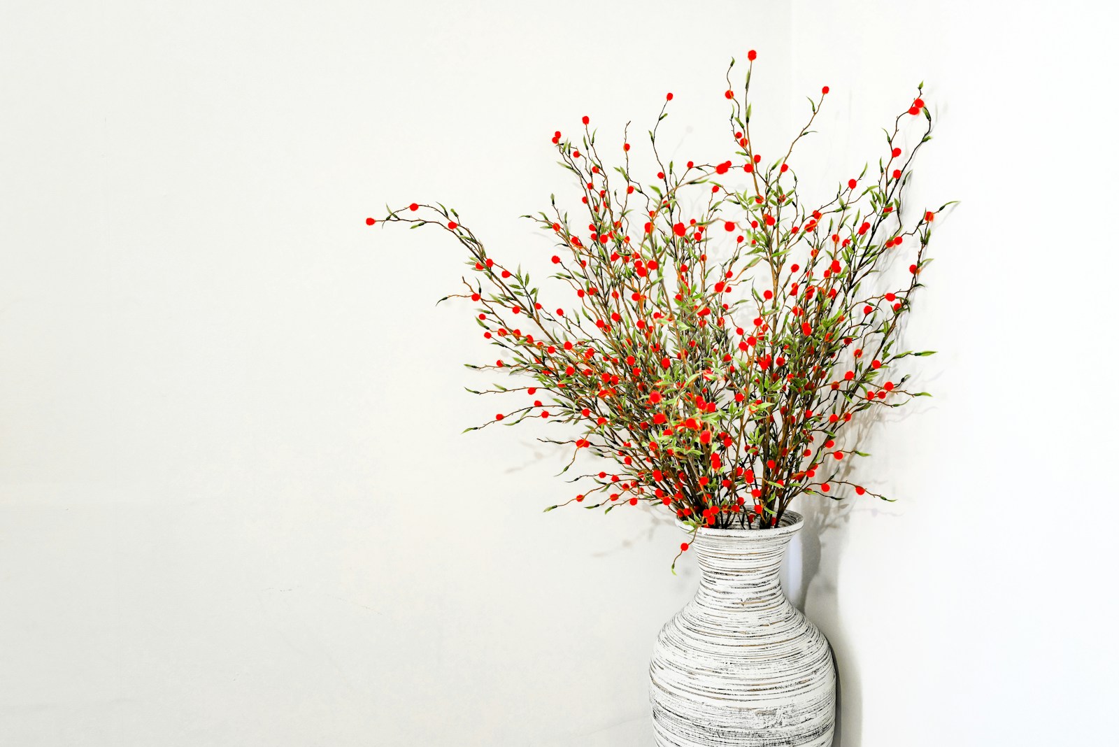 Red berry branches in a tall white striped vase against a white wall