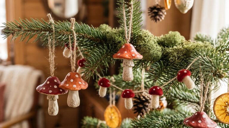 Mushroom Christmas decor clay ornaments with red and white spotted caps hanging on a tree branch with moss