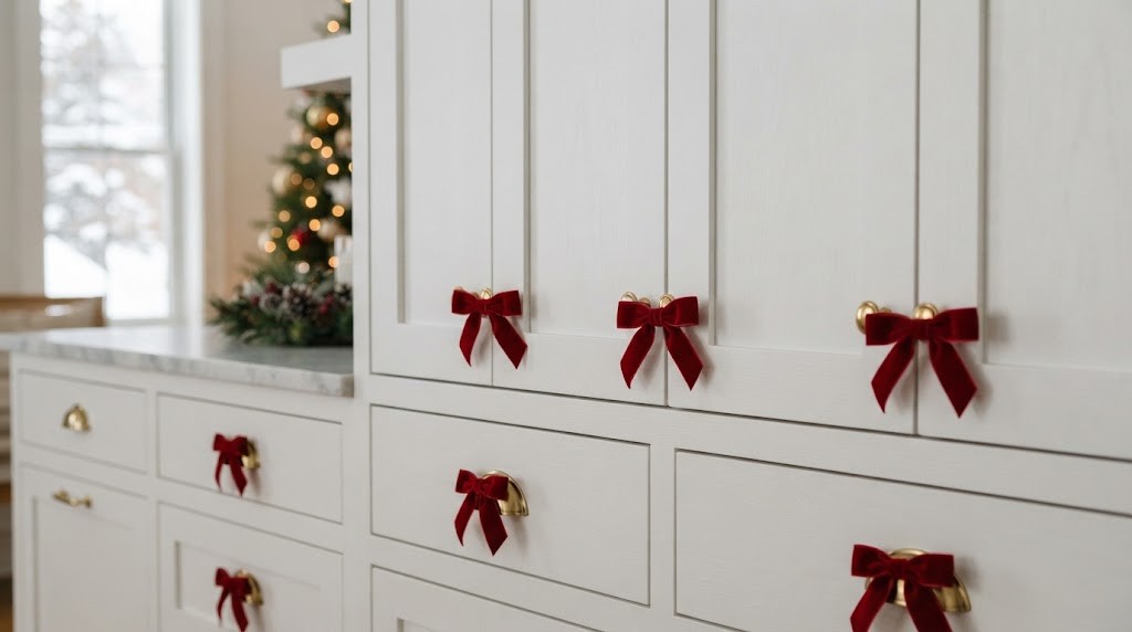 Small red velvet ribbon bows tied on white kitchen cabinet knobs
