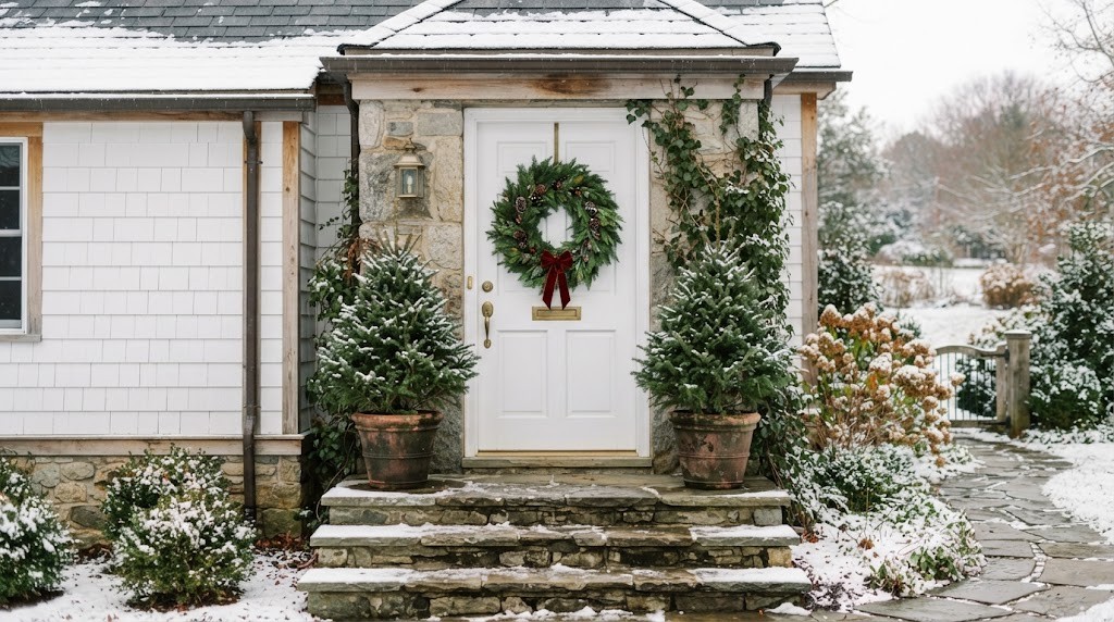 Simple fresh evergreen wreath with a small red bow on a white cottage front door