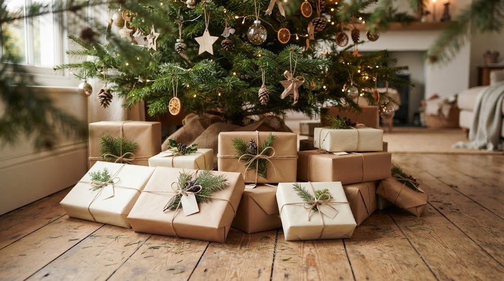 Gifts wrapped in brown kraft paper tied with twine and sprigs of greenery