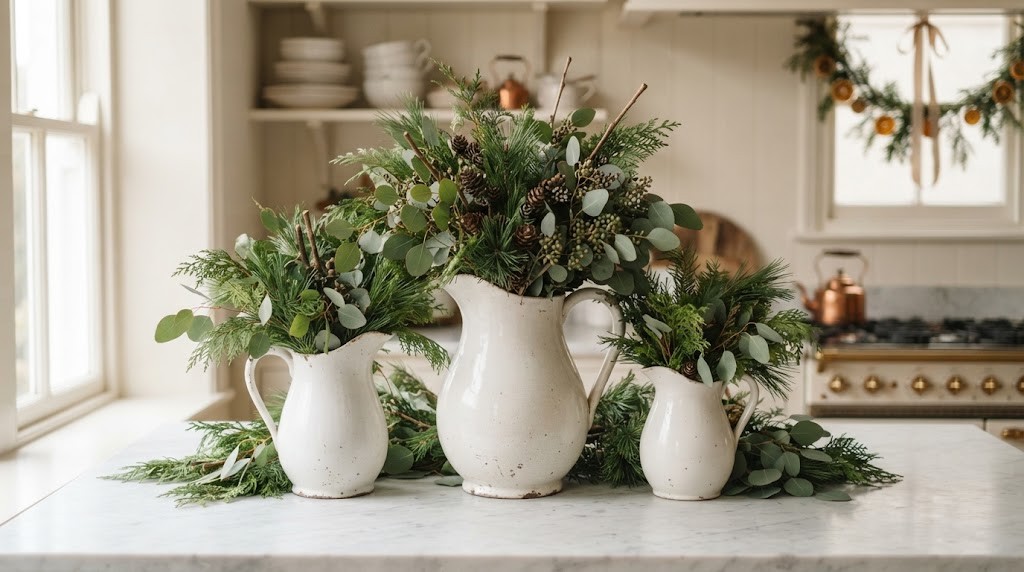 Nancy Meyers Christmas style white ironstone pitchers filled with fresh pine and eucalyptus on a farmhouse kitchen counter