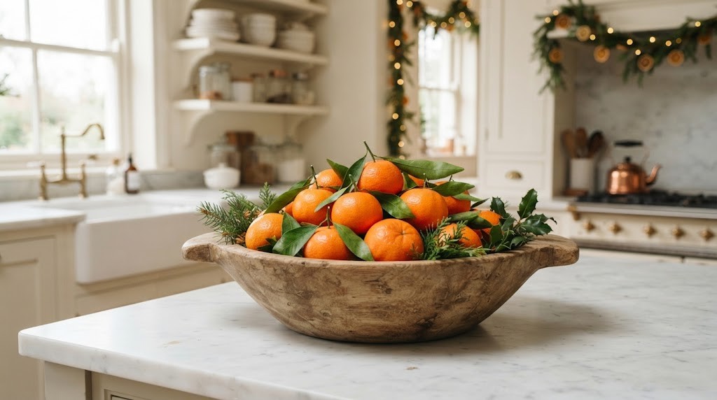 Nancy Meyers Christmas kitchen island with a large wooden bowl of clementines with greenery on a white marble kitchen island