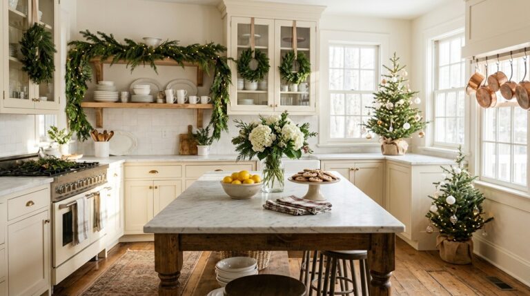Nancy Meyers Christmas style kitchen with a marble island, garland on open shelves and white hydrangeas