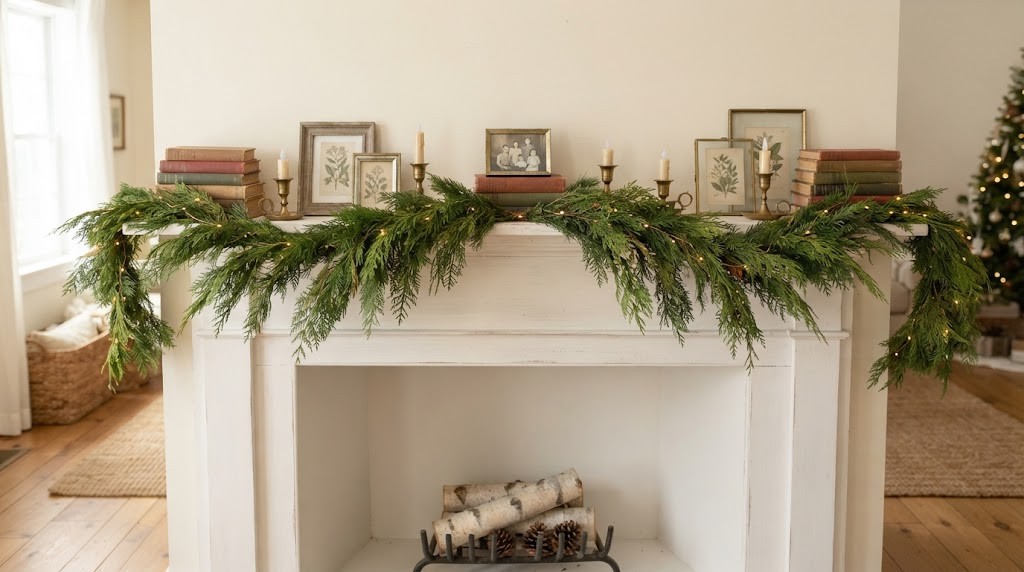 Cottage style mantel with stacked old books, greenery and small brass pieces