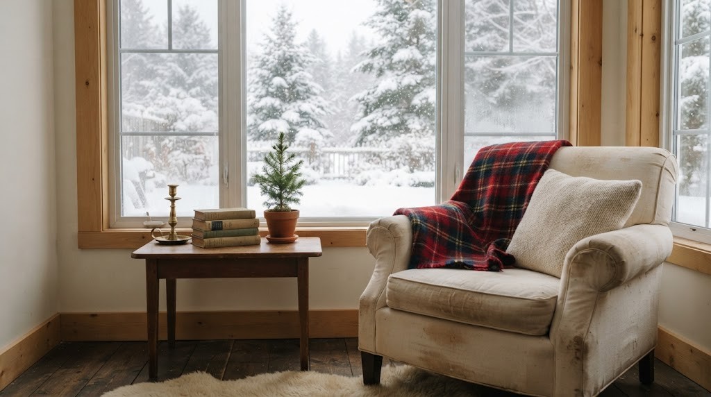 Cozy reading nook with an armchair, a plaid blanket, stacked vintage books and a small lamp