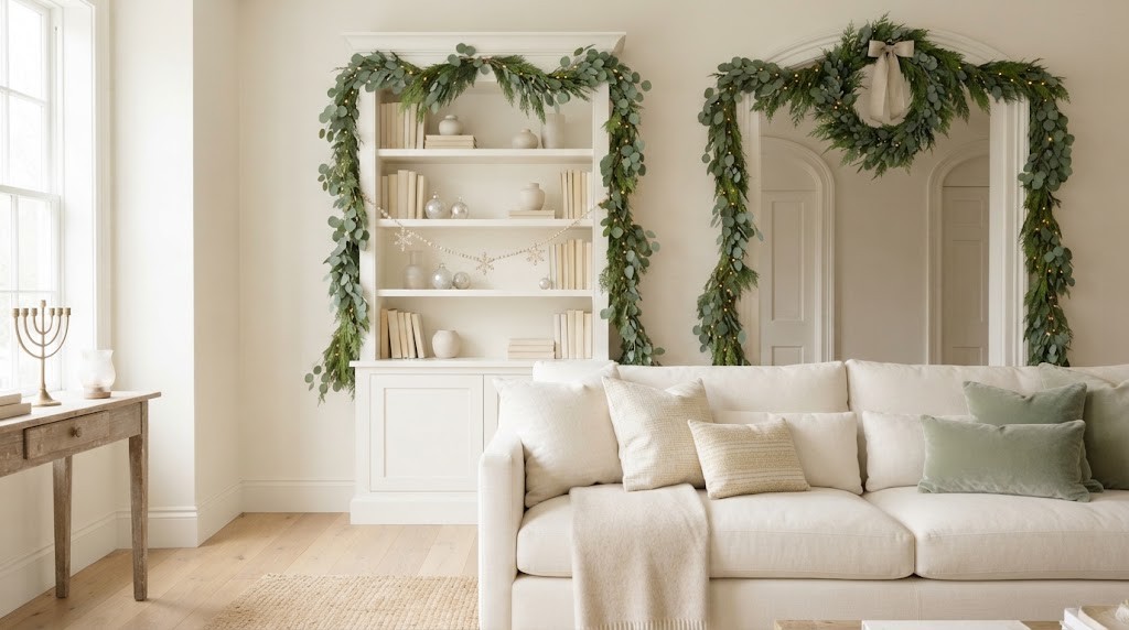 Cream living room with a soft green garland draped along white built in shelves