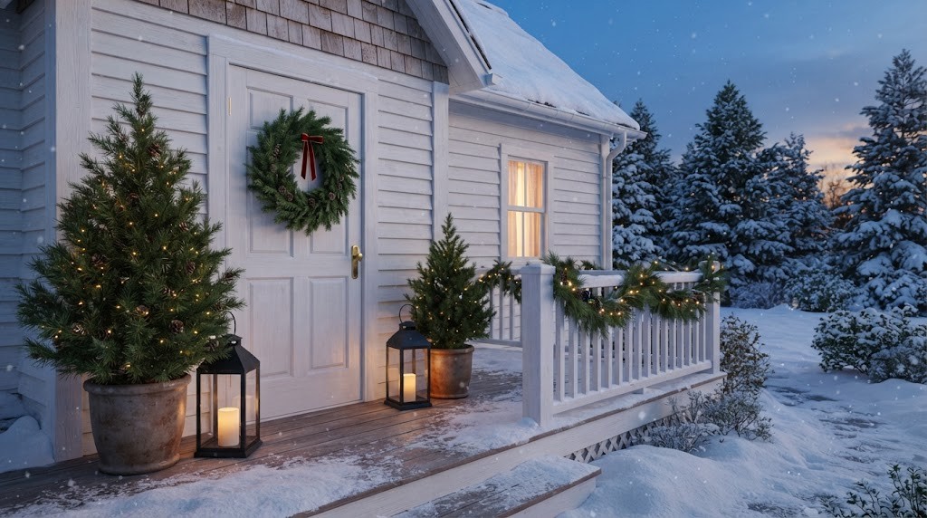 Snowy cottage porch with lanterns holding LED lights, evergreens and a wreath on the door