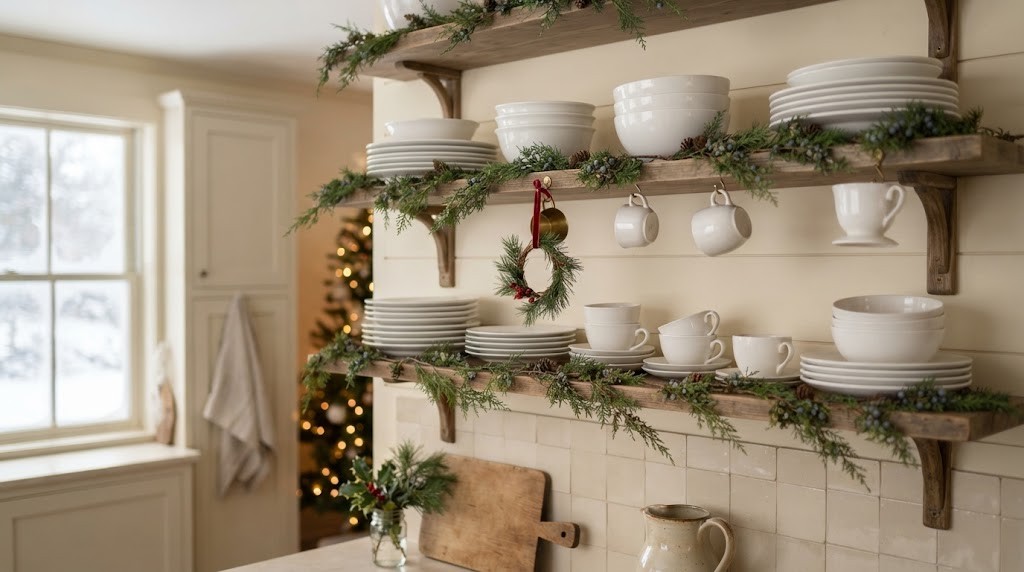 Nancy Meyers Christmas kitchen with garland draped along open shelves of white dishes