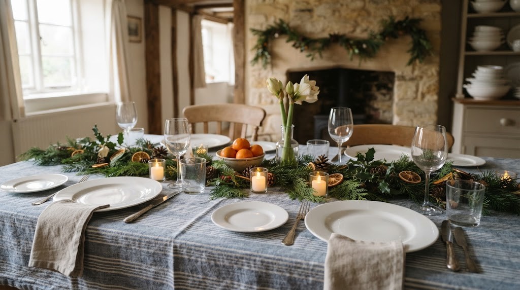 Dining table with a striped linen tablecloth, white dishes, greenery runner and LED candles