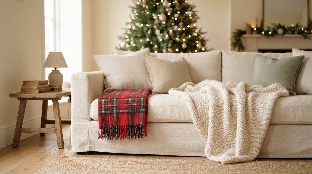 Nancy Meyers Christmas style sofa with a red plaid throw and a chunky cream knit blanket