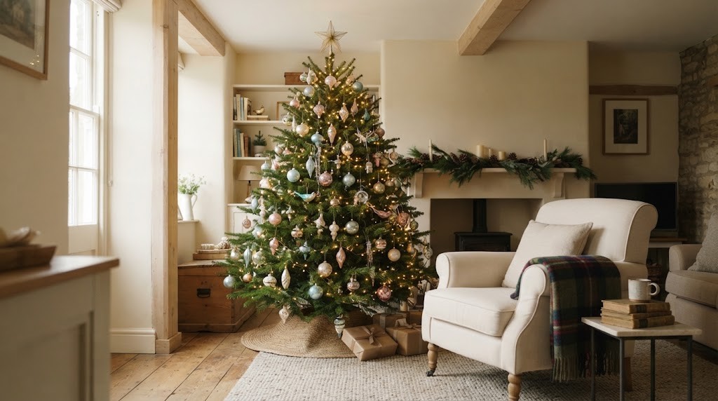 Nancy Meyers Christmas tree, full and green with warm white lights and vintage glass ornaments in a cozy room