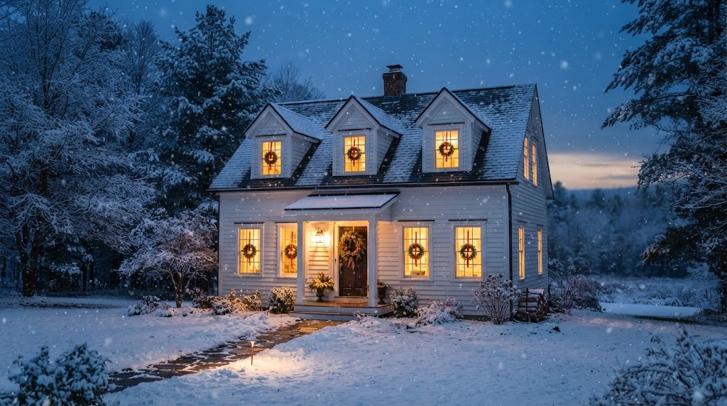 White cottage house at dusk with warm white lights glowing in every window and wreaths
