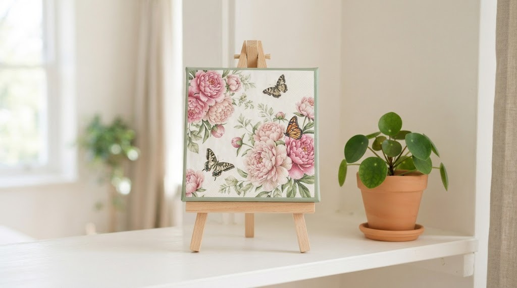 Small canvas decorated with a large peony and butterfly print on a small easel