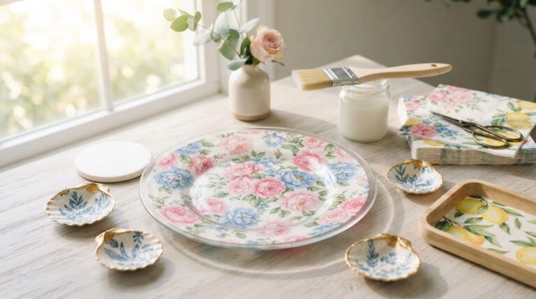 Napkin decoupage ideas with a floral glass plate, seashell dishes and a small wooden tray on a craft table