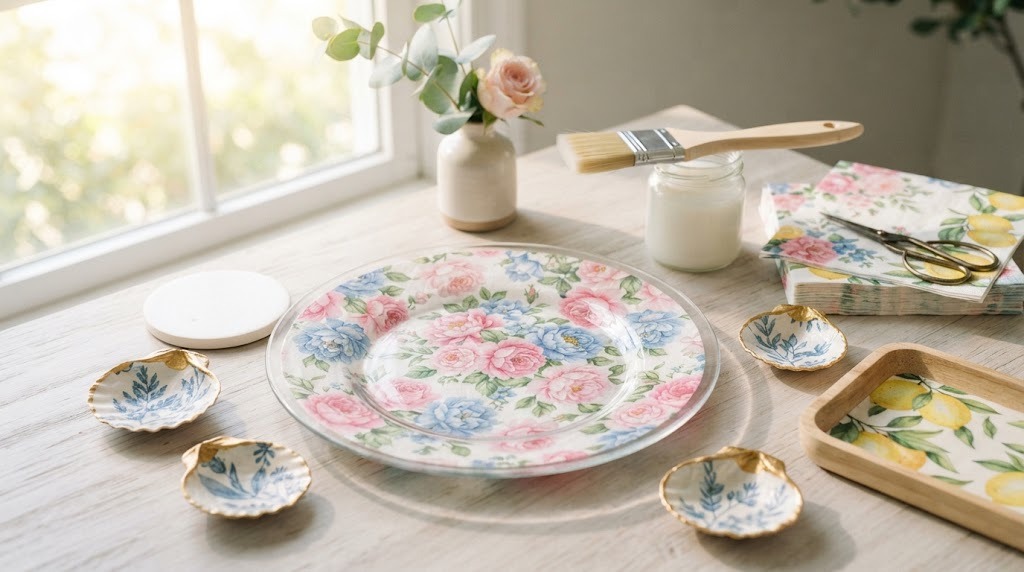 Napkin decoupage ideas with a floral glass plate, seashell dishes and a small wooden tray on a craft table