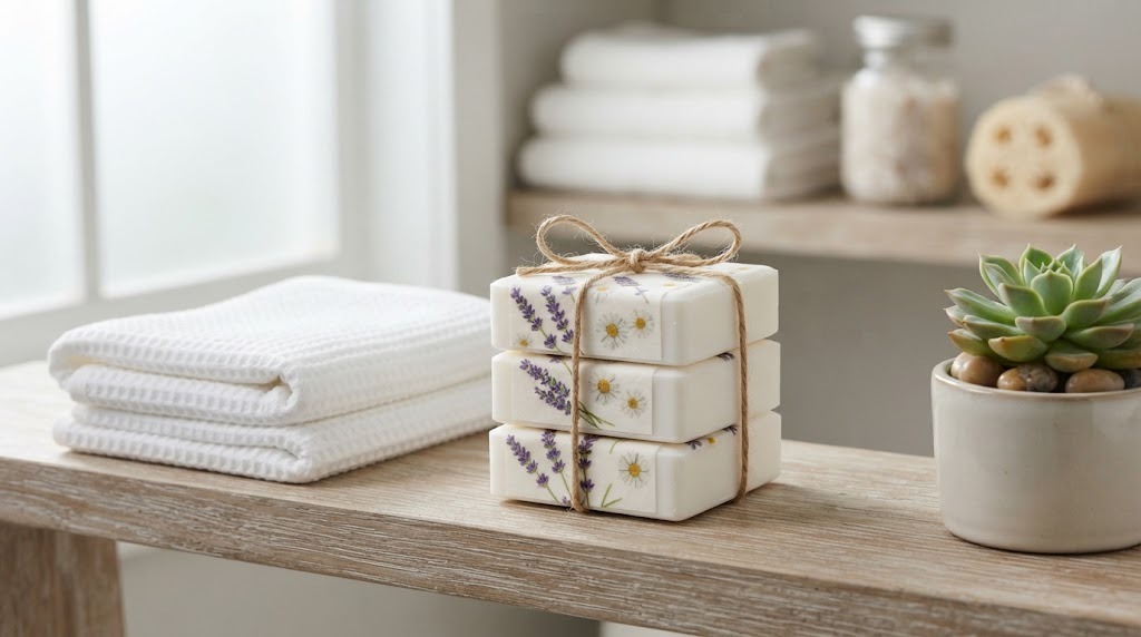Stack of white bar soaps with small lavender and daisy prints tied with twine