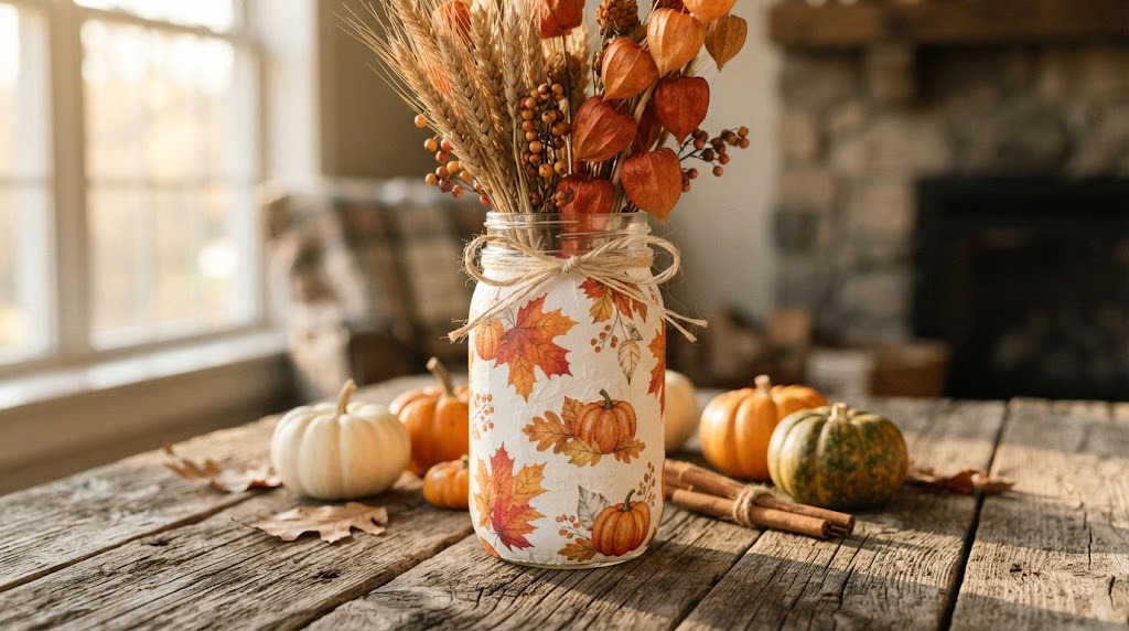 Napkin decoupage ideas on a glass jar vase covered in autumn leaves and pumpkins holding dried wheat