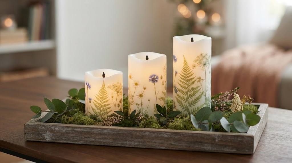 White flameless LED pillar candles decorated with fern and wildflower napkin prints