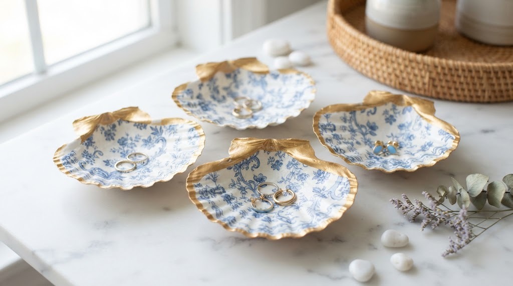Napkin decoupage ideas: seashells covered with blue floral prints and gold rims holding jewelry