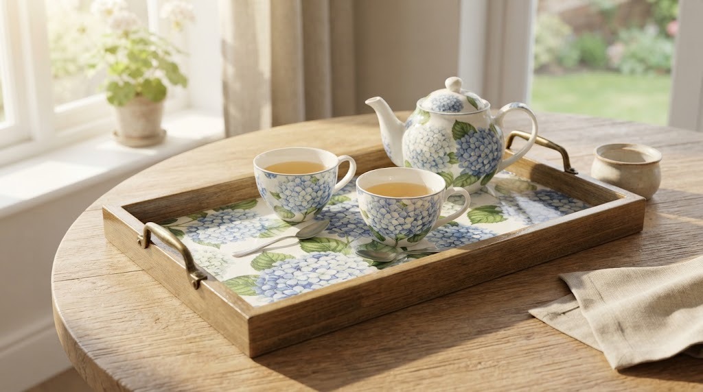 Napkin decoupage ideas on a wooden serving tray with a blue hydrangea print holding teacups