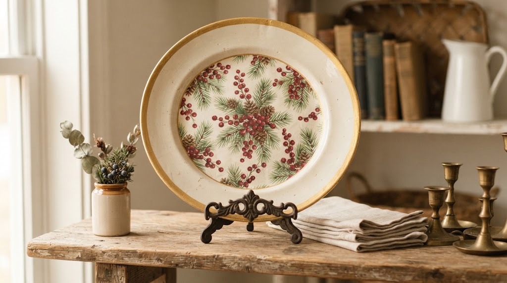 Thrift store platter decorated with a winter berry and pine napkin design and a gold rim