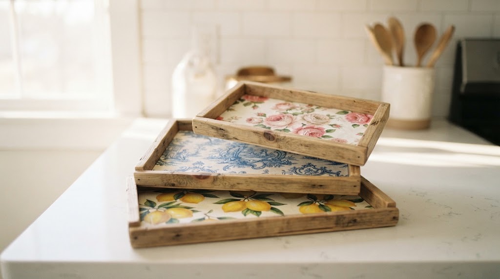 Three small wooden trays each decorated with a different napkin print