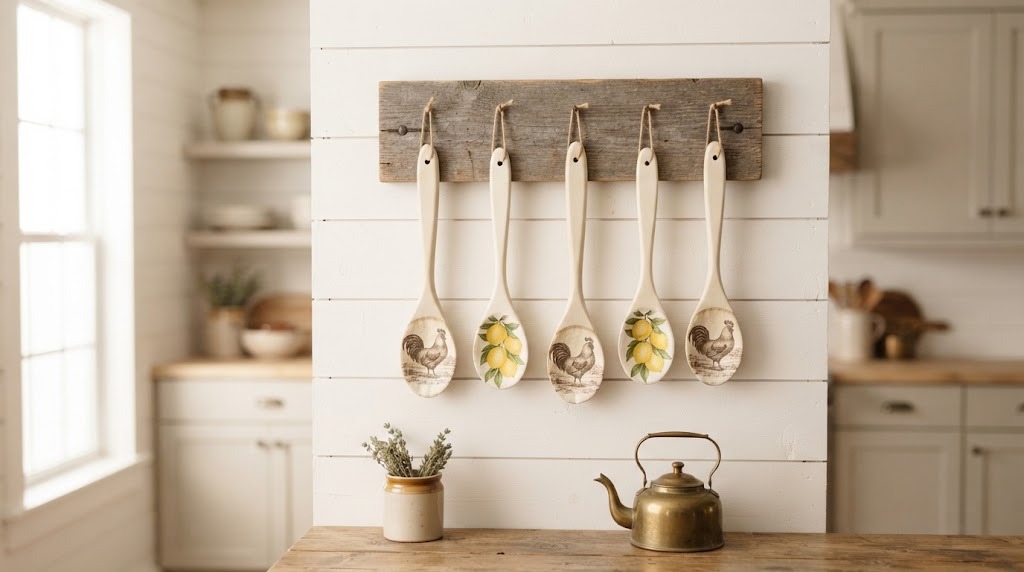 Cream painted wooden spoons decorated with rooster and lemon prints hanging on a kitchen wall