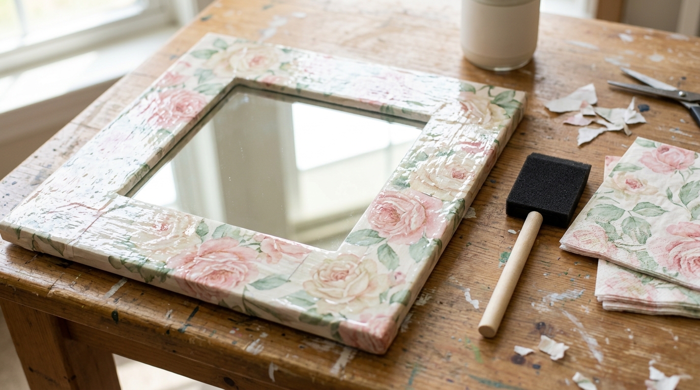 Square mirror frame covered in decoupaged floral napkins in pink and green with a foam brush