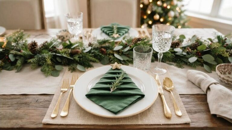 Christmas napkin folding green linen napkin tree with a gold star on a white plate
