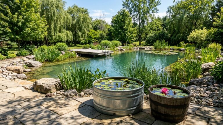 Natural swimming pond in a sunny backyard with a wooden dock, water plants, a stock tank water garden and a half barrel lily pot on the patio