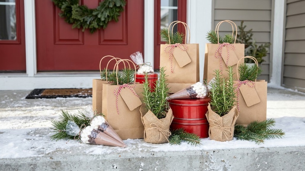 Neighbor Christmas gifts: handmade kraft bags, cocoa cones, cookie tins and tiny rosemary trees on a snowy porch step