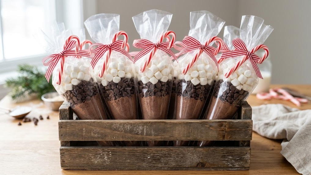 Neighbor Christmas gifts: hot cocoa cone bags with marshmallows tied with ribbon