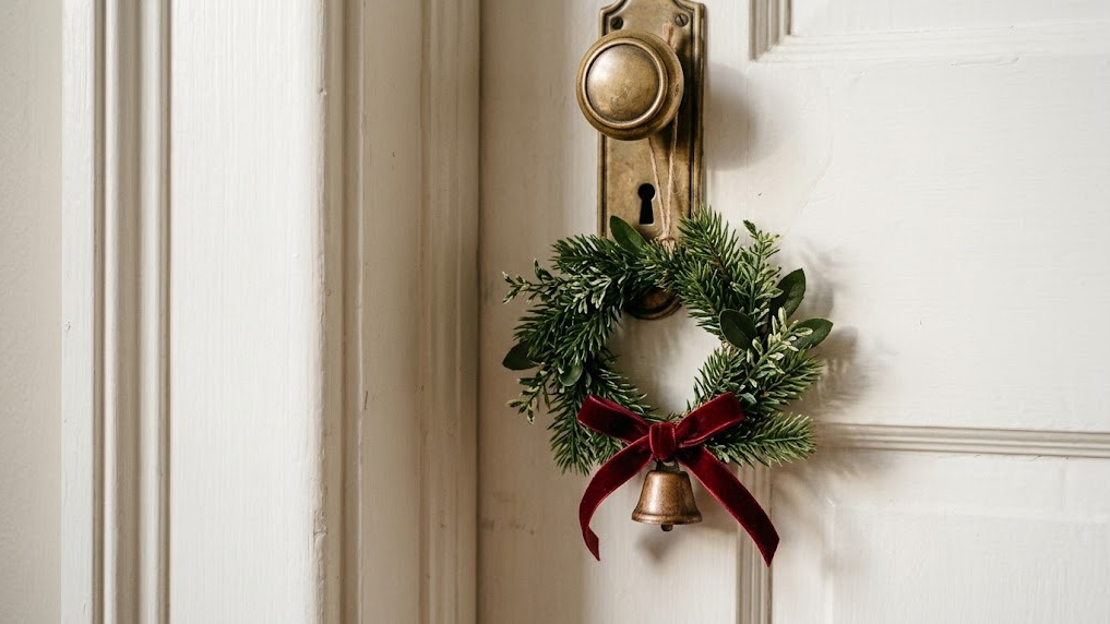 Small doorknob hanger wreath with a red bow on a front door
