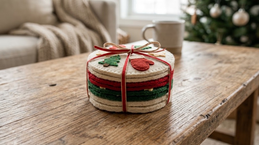 Handmade felt Christmas coasters tied in a stack with ribbon