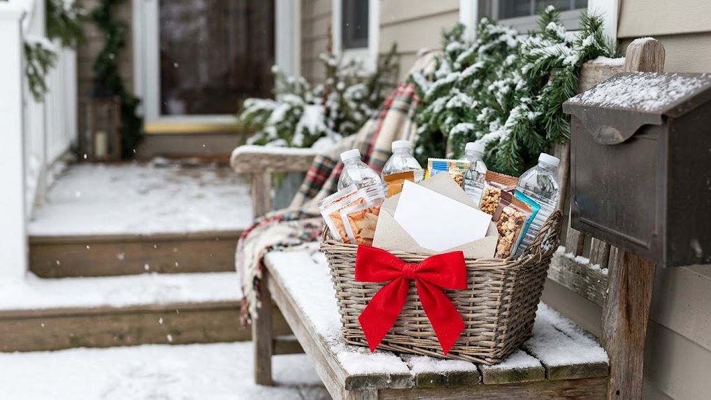 Neighbor Christmas gifts: thank you basket for a mail carrier on a porch bench
