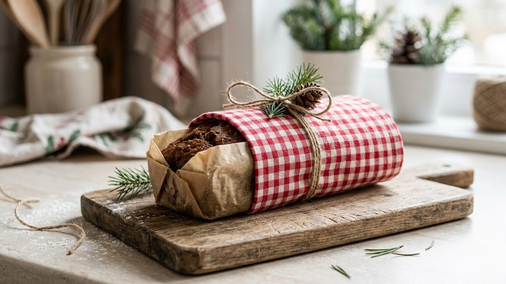 Mini bread loaf wrapped in a red and white tea towel with twine