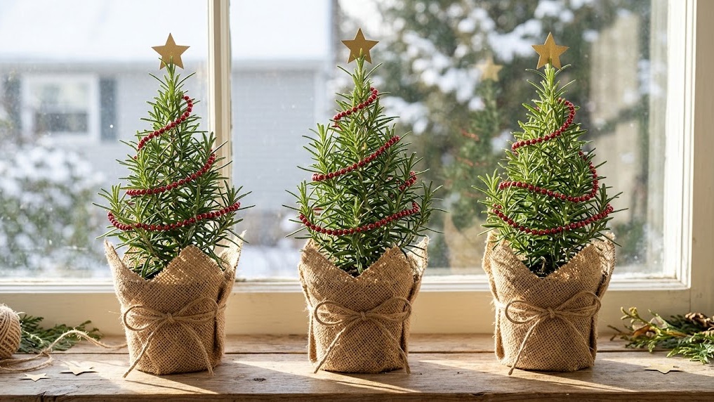Small potted rosemary Christmas trees with tiny ornaments and burlap