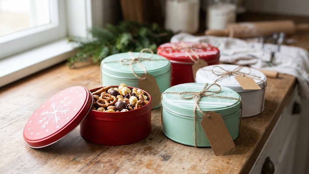 Neighbor Christmas gifts: snack mix in hand painted holiday tins