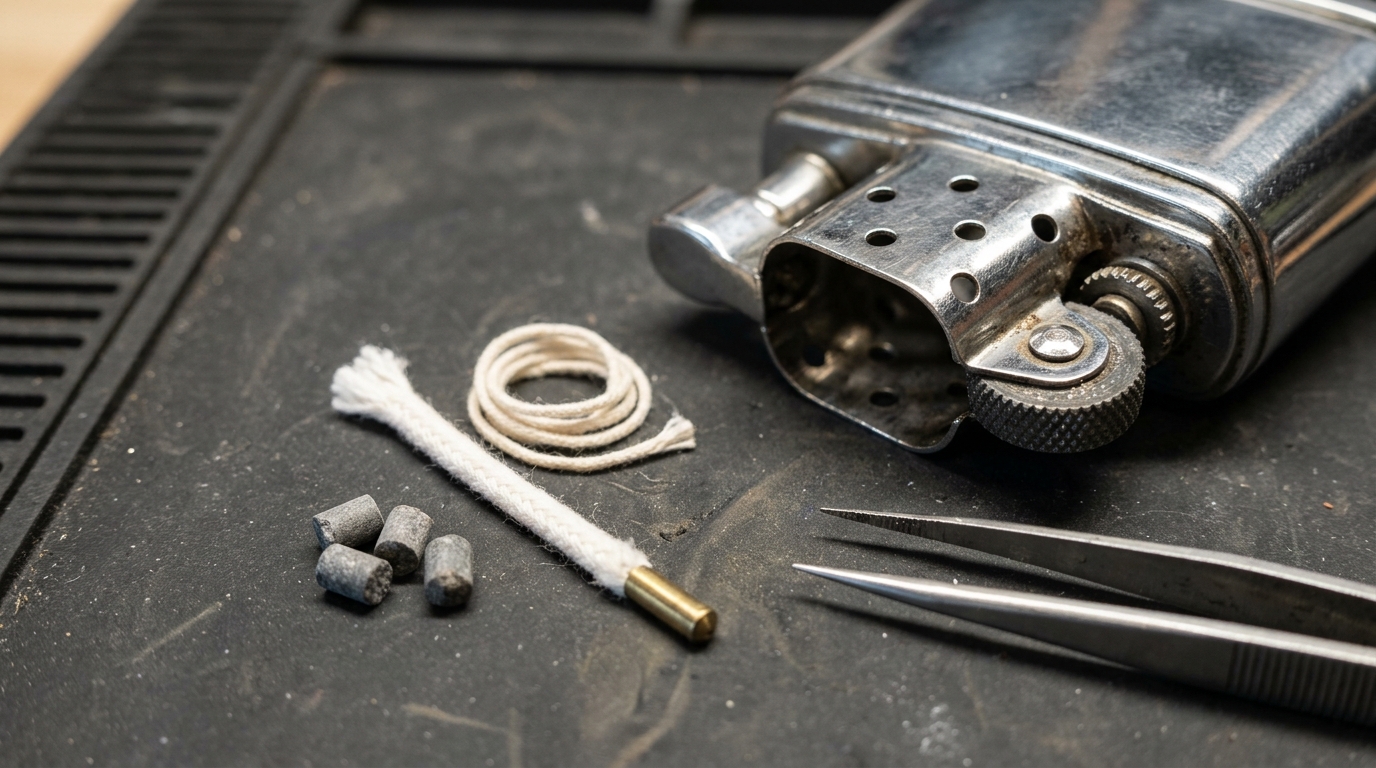 A new cotton wick and small flints beside the shiny insert of a restored giant lighter