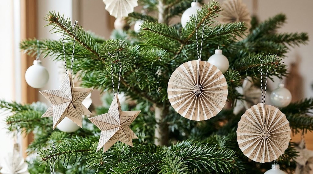 Folded newspaper paper stars and paper fan ornaments hanging on a green Christmas tree