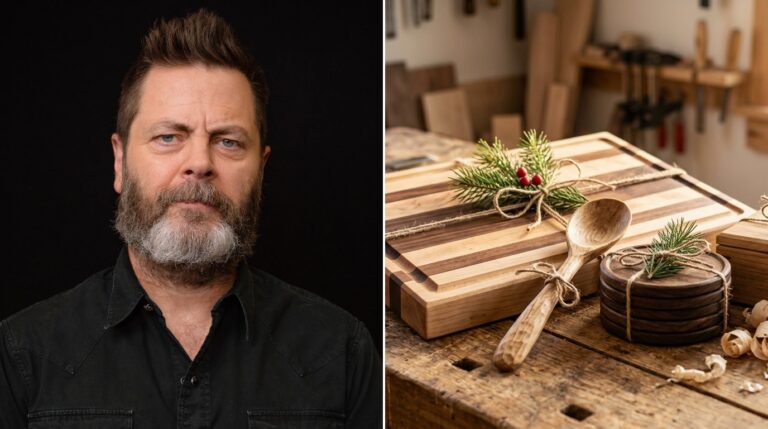 Nick Offerman Christmas gifts: handmade wooden cutting board, spoon and coasters on a workbench