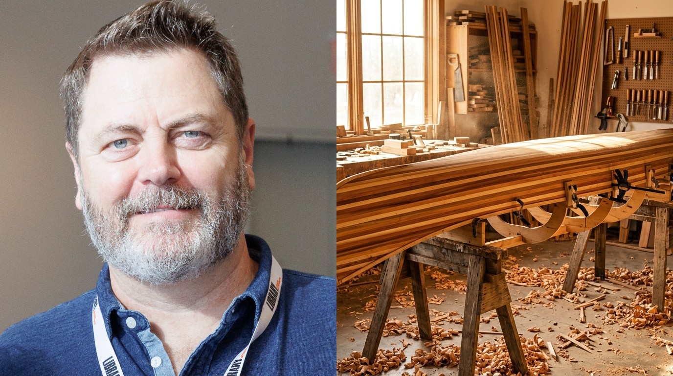 Nick Offerman woodshop cover: Nick Offerman at a book festival beside a half built cedar strip canoe in a woodshop