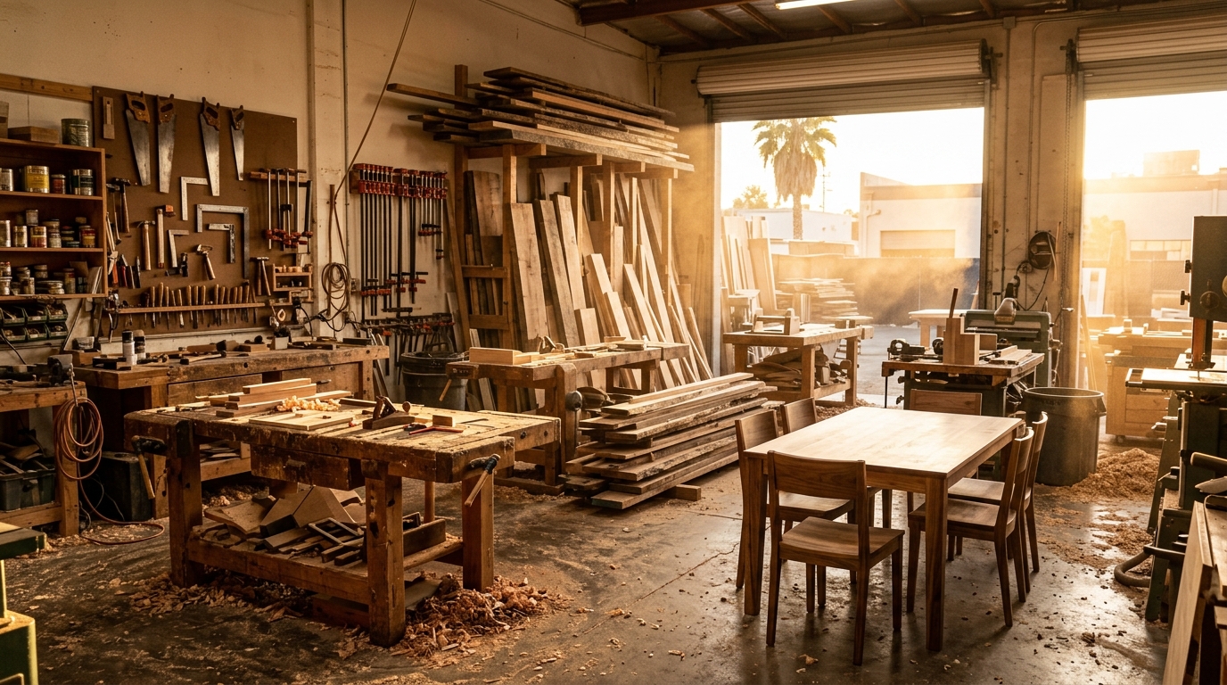 Busy woodshop with workbenches and finished chairs, in the spirit of the Nick Offerman woodshop
