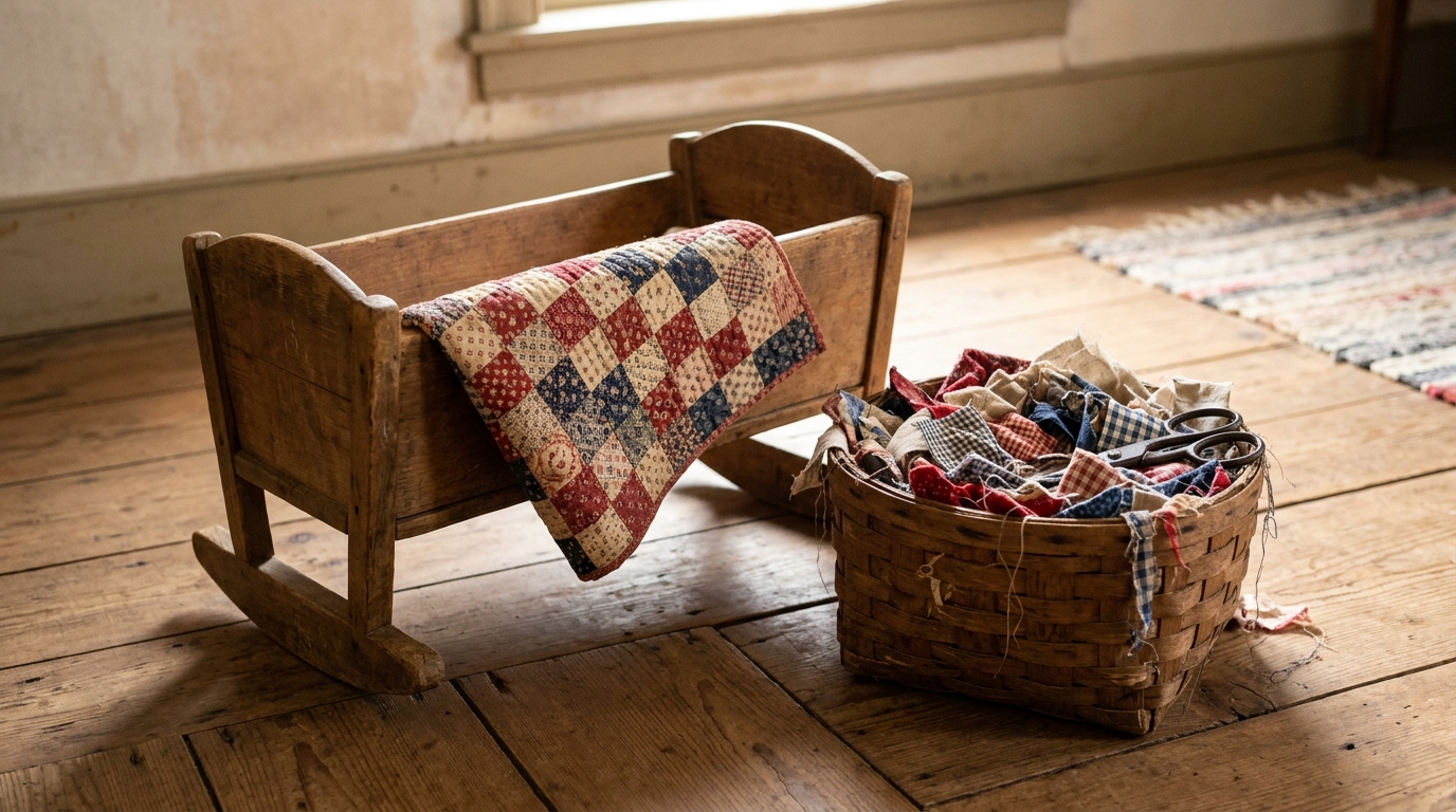Nine patch doll quilt in red and indigo calico over a wooden cradle