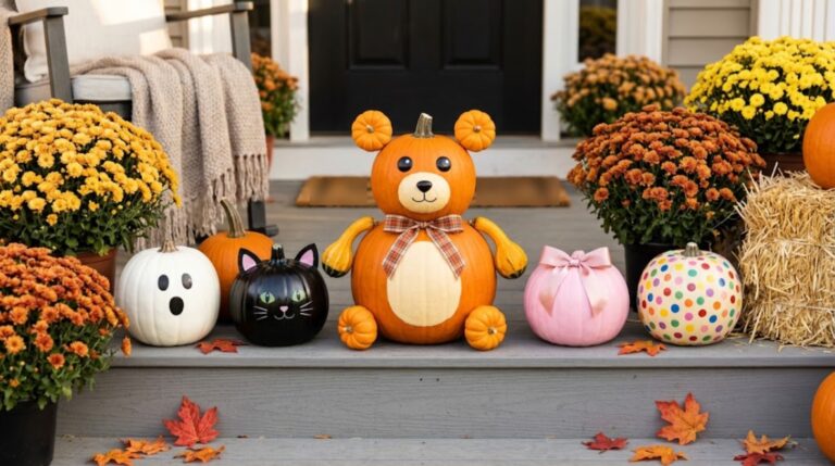 No-carve pumpkin ideas: a teddy bear made of stacked pumpkins with painted ghost, cat, pink and polka dot pumpkins on a sunny porch