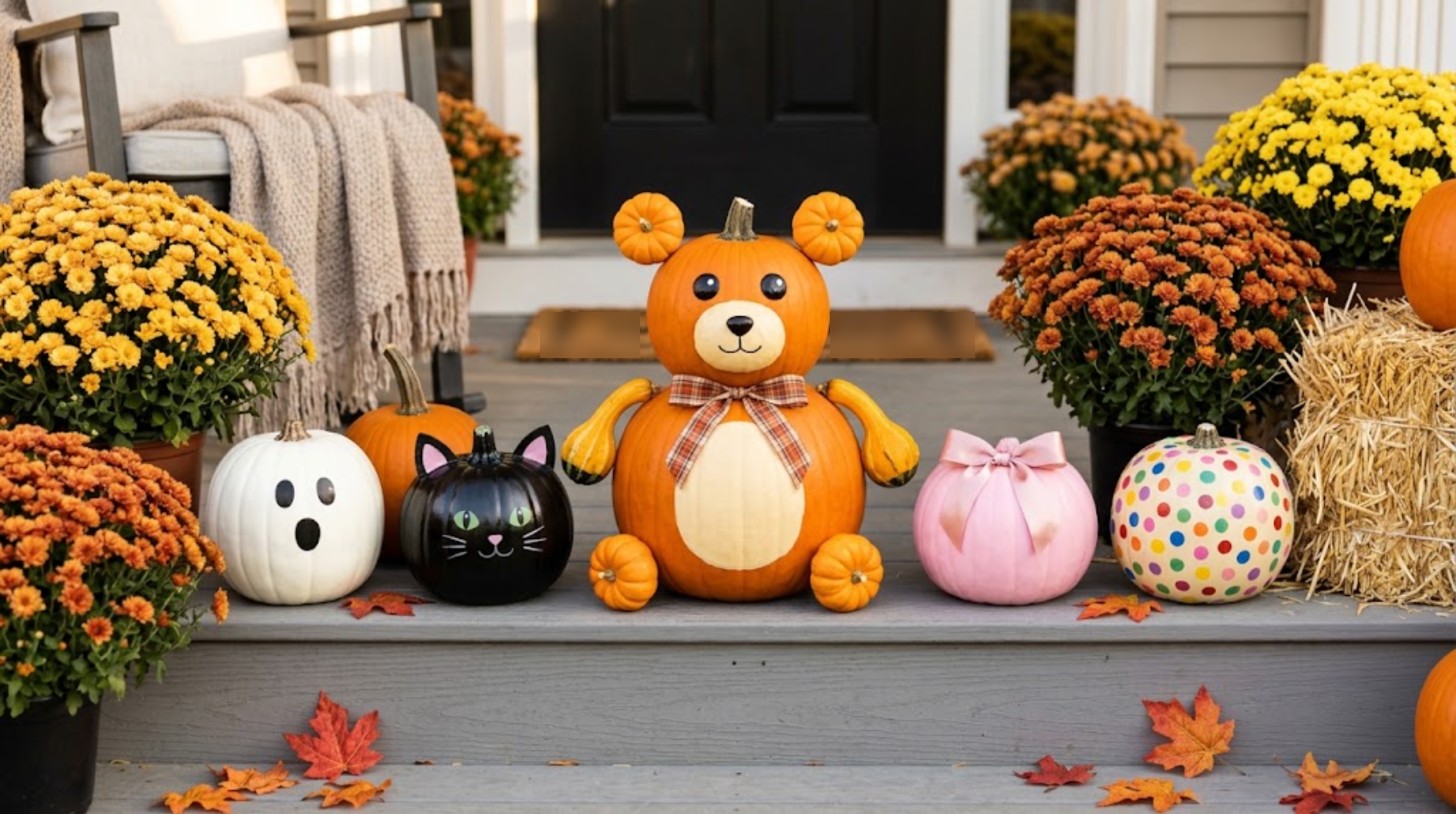 No-carve pumpkin ideas: a teddy bear made of stacked pumpkins with painted ghost, cat, pink and polka dot pumpkins on a sunny porch