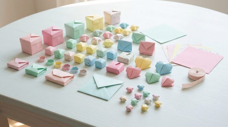 No glue paper crafts on a pastel table with origami gift boxes, paper rings, a paper purse, lucky stars, hearts and an envelope