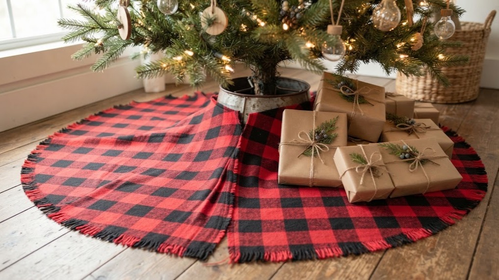 Plaid Christmas decor buffalo check tree skirt with kraft paper gifts under a tree